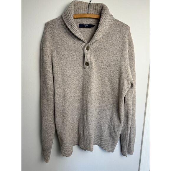 J. Crew Sweater Lambswool Beige Shawl Collar Two Button Pullover Mens Size M - Picture 1 of 9